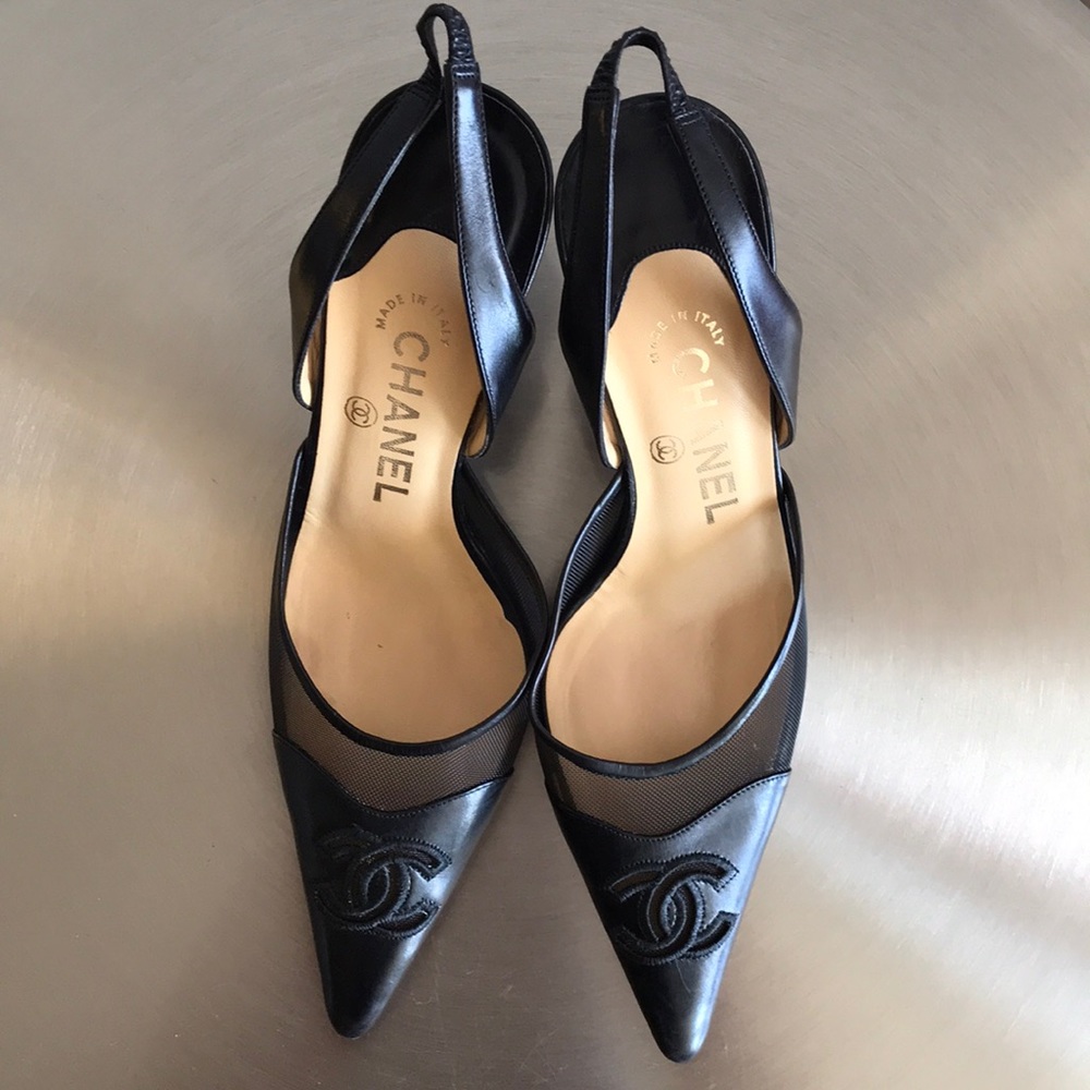 Chanel Black Leather and Mesh CC Logo Slingbacks